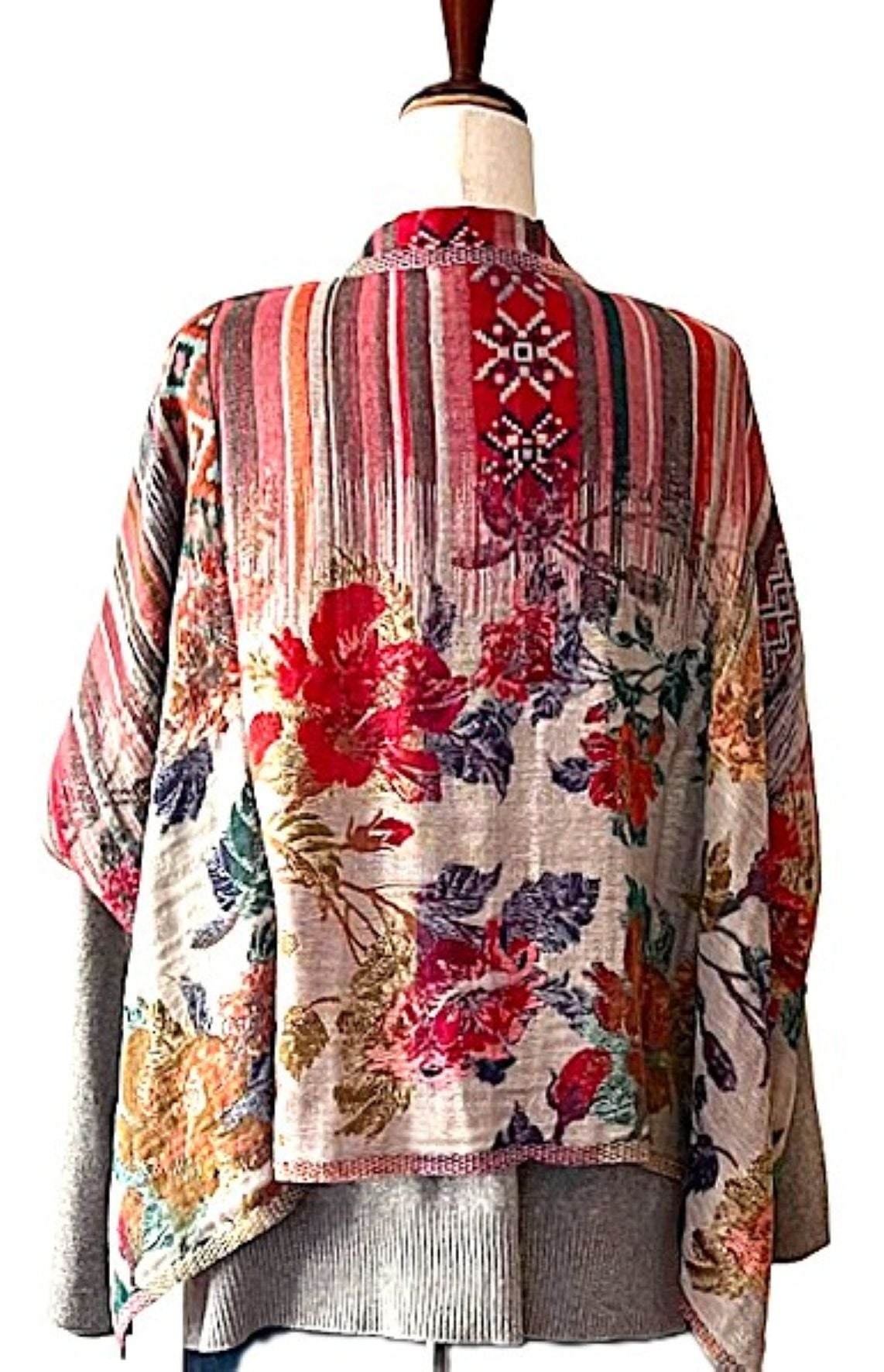 Jacket: Boho Inspired Floral Geometric Short Open Poncho. Contemporary Spin.