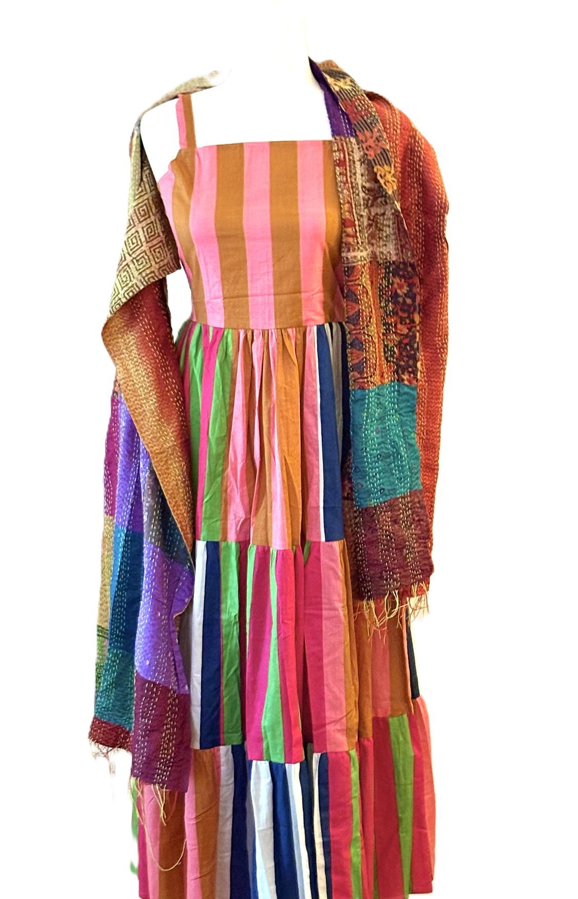 Dresses: Colorful Long Handmade Floral Cotton Midi Dress. Resortwear.