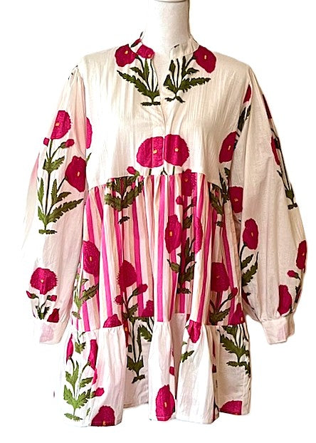 Mixed Print Short Floral Cotton Dress (Pink and Stripe)