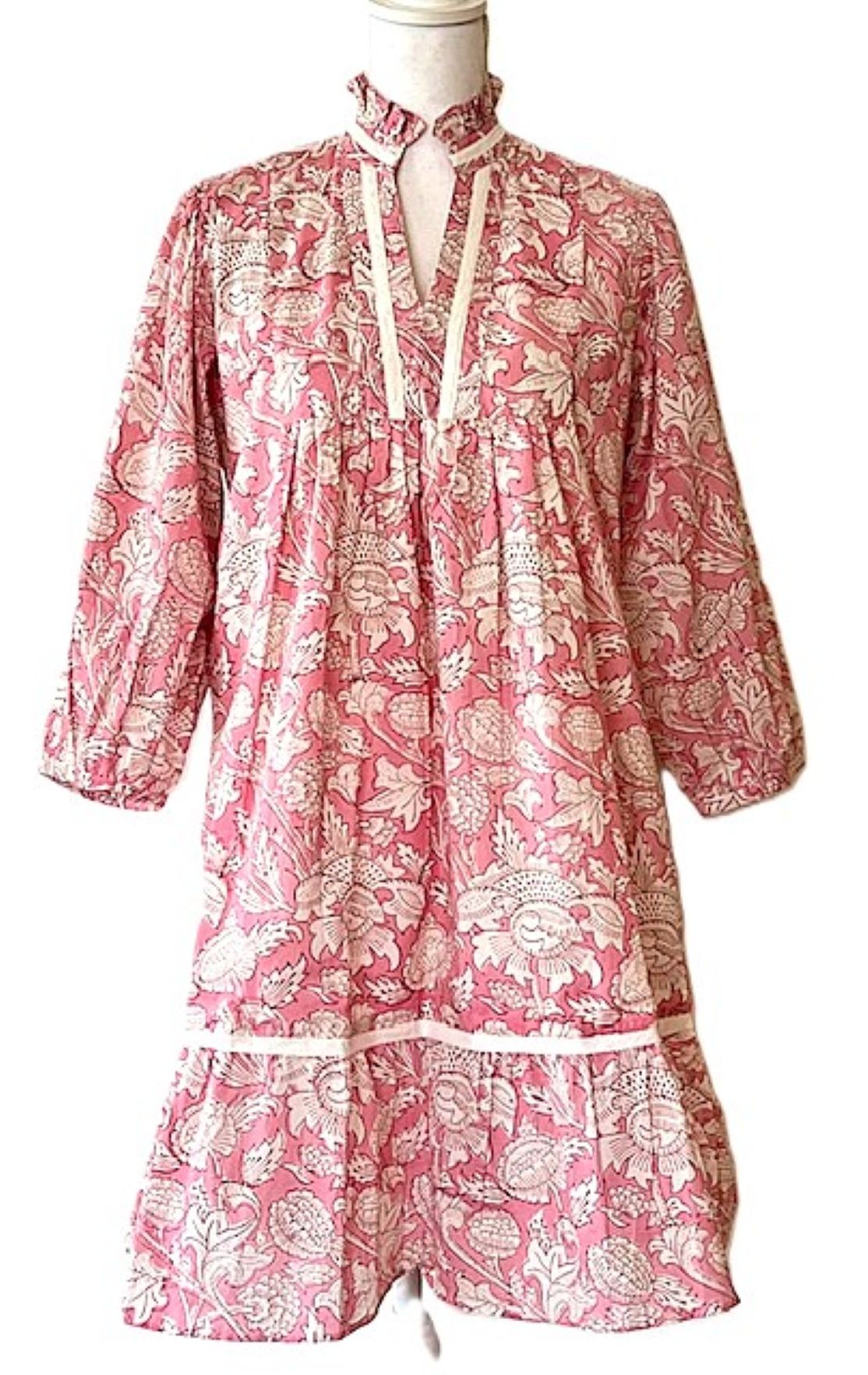 Hand Block Printed Knee Length Dress Frilled Collar (Pink)