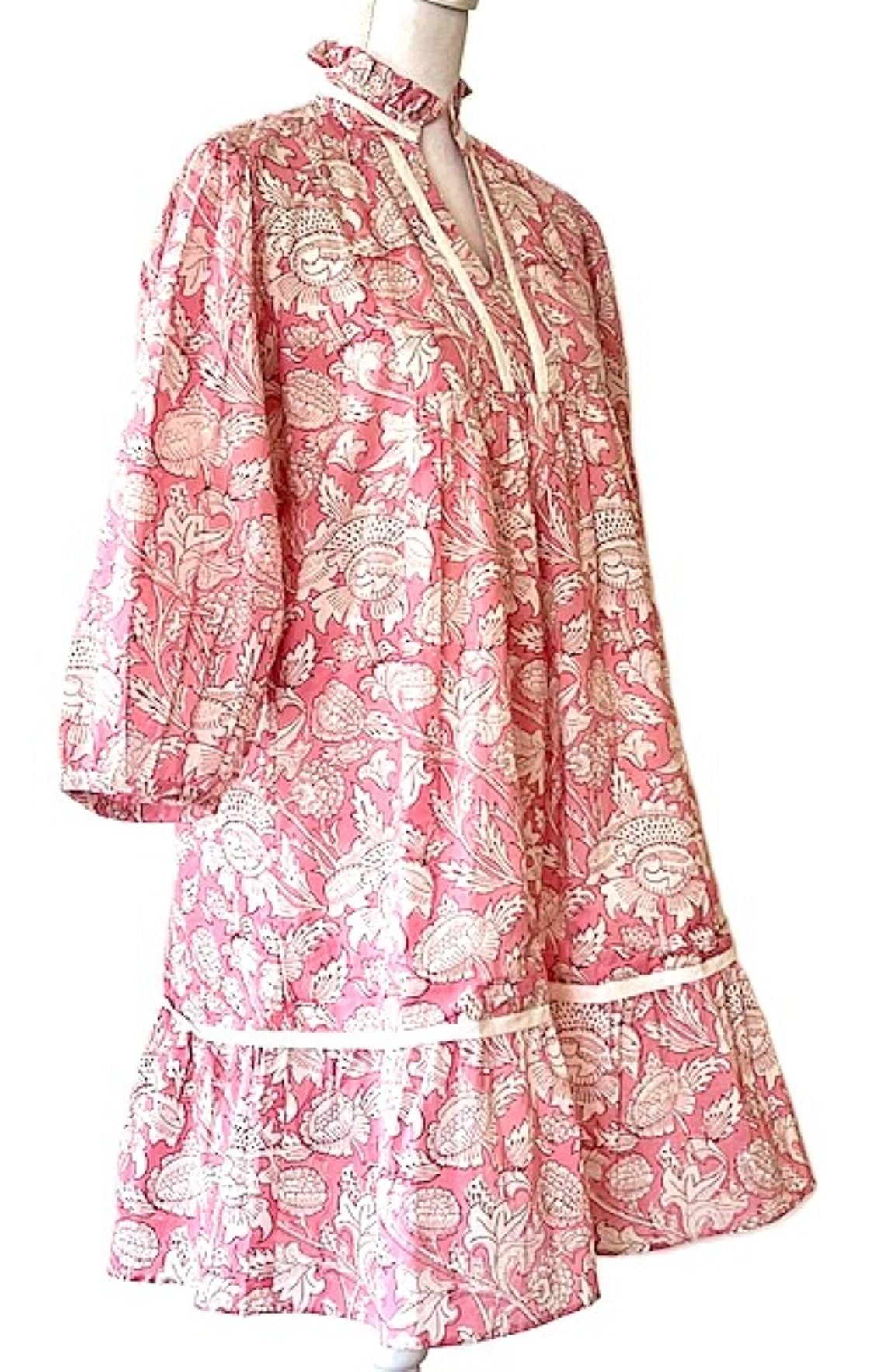 Hand Block Printed Knee Length Dress Frilled Collar (Pink)