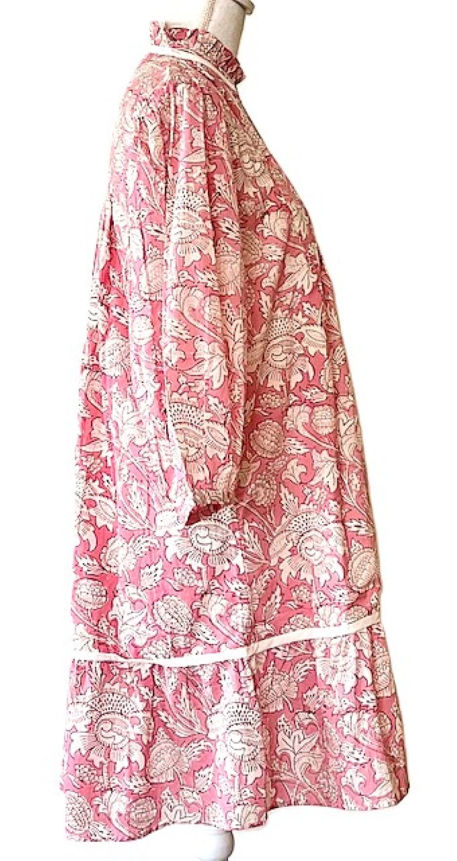 Hand Block Printed Knee Length Dress Frilled Collar (Pink)