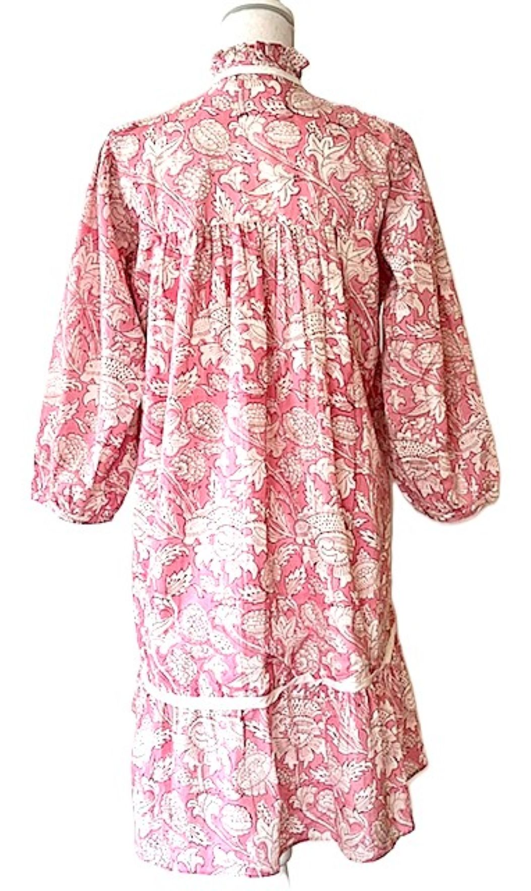Hand Block Printed Knee Length Dress Frilled Collar (Pink)