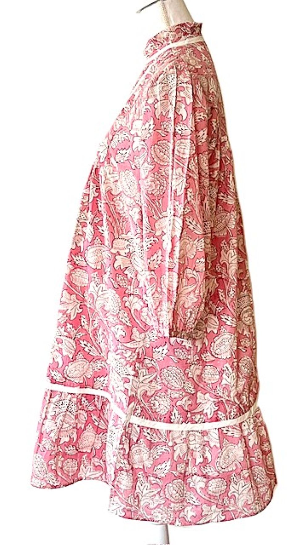 Hand Block Printed Knee Length Dress Frilled Collar (Pink)