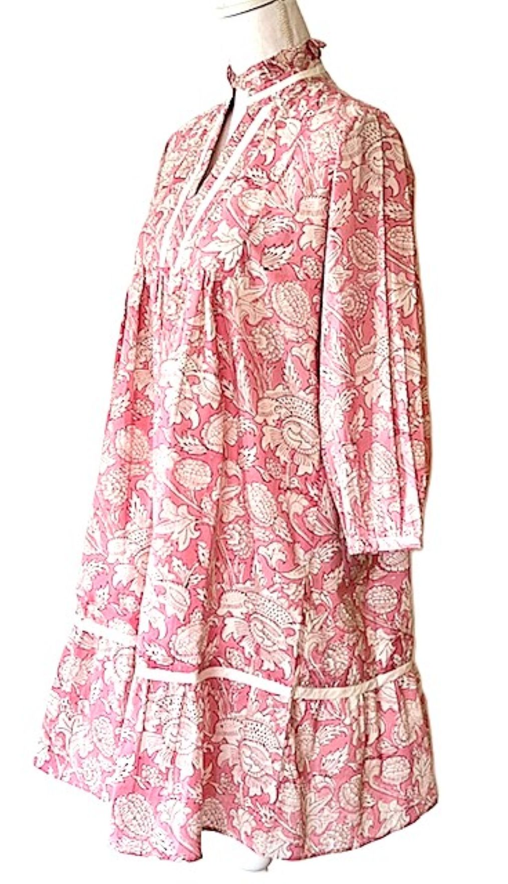 Hand Block Printed Knee Length Dress Frilled Collar (Pink)
