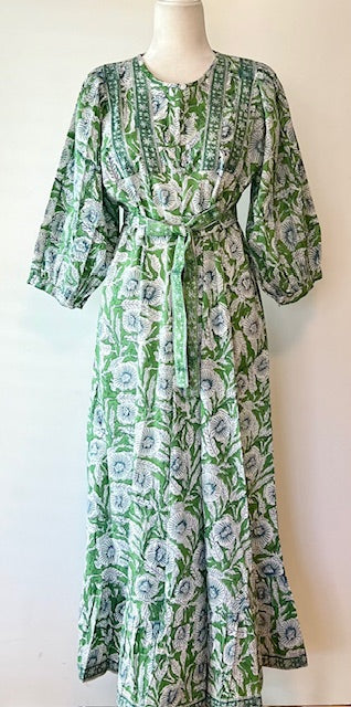 Traditional Long Cotton Maxi Dress, Floral Green & Blue