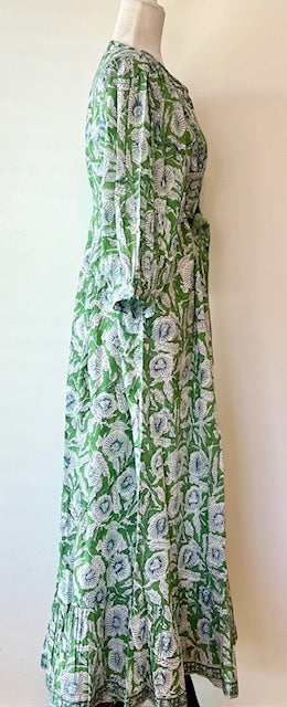 Traditional Long Cotton Maxi Dress, Floral Green & Blue