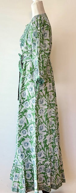 Traditional Long Cotton Maxi Dress, Floral Green & Blue