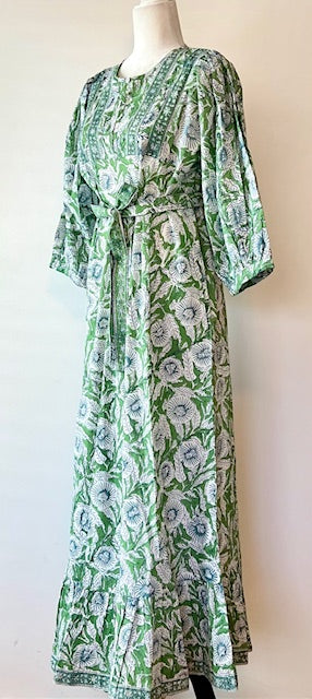 Traditional Long Cotton Maxi Dress, Floral Green & Blue