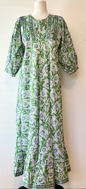 Traditional Long Cotton Maxi Dress, Floral Green & Blue