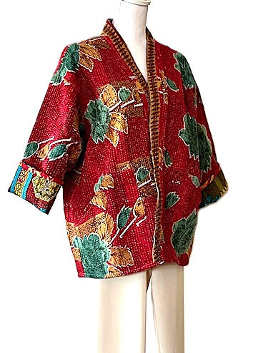 Fully Reversible Short Quilted Jacket With Kantha Stitching. (Red)