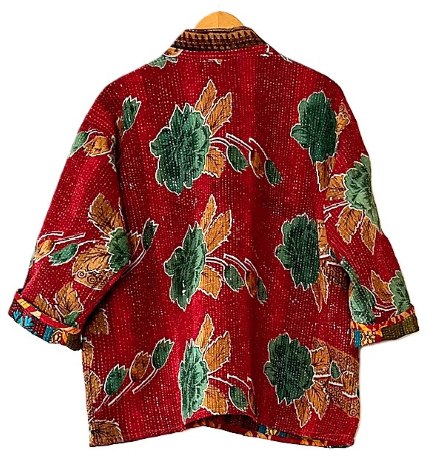 Fully Reversible Short Quilted Jacket With Kantha Stitching. (Red)