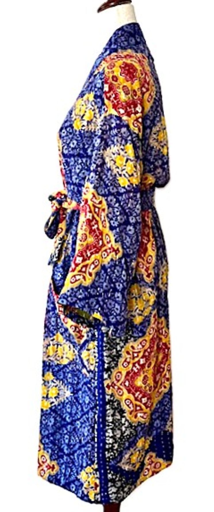 Lightweight Kantha Embroidery Mixed Print Kimono. Complex Print (Royal Blue )
