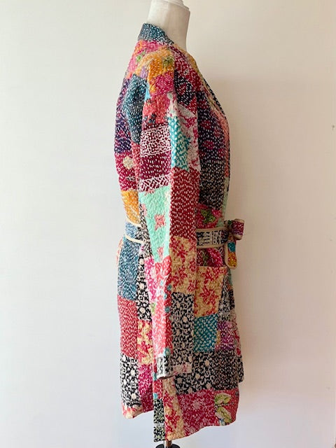 Mid Length Designer Kimono Jacket Is New and Unusual. Patchwork In Beautiful Fall Colors