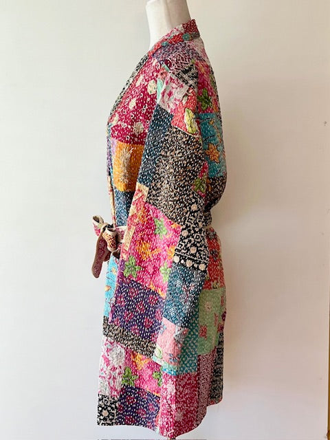 Mid Length Designer Kimono Jacket Is New and Unusual. Patchwork In Beautiful Fall Colors