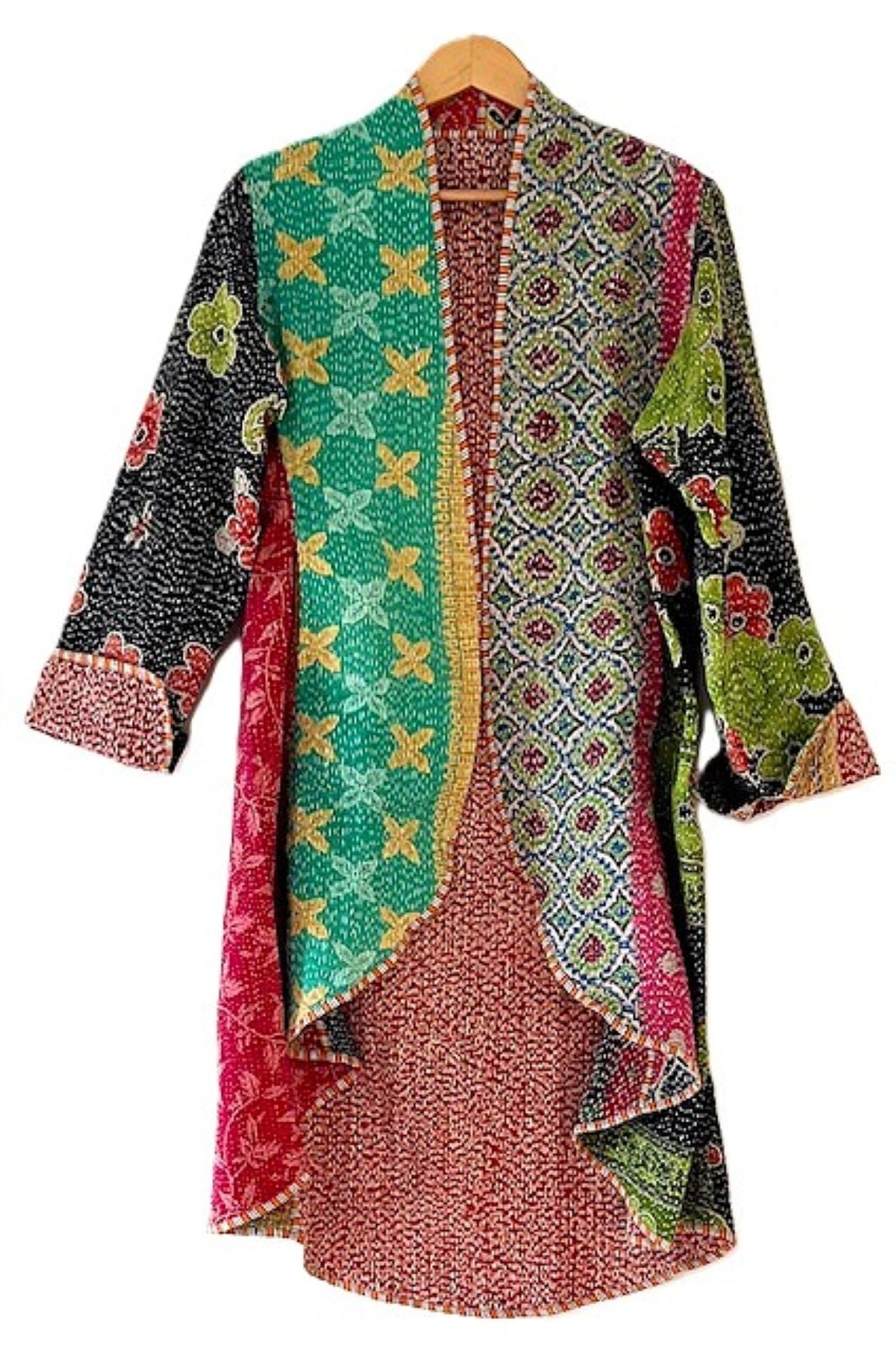 Tulip Cut Designer Waist Coat Is Fully Reversible. Kantha Stitching. (Green)