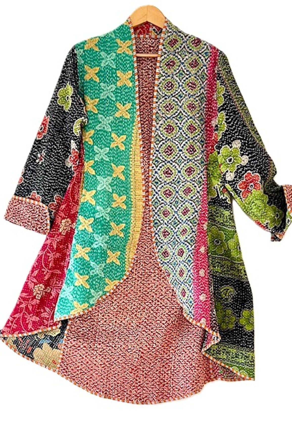 Tulip Cut Designer Waist Coat Is Fully Reversible. Kantha Stitching. (Green)