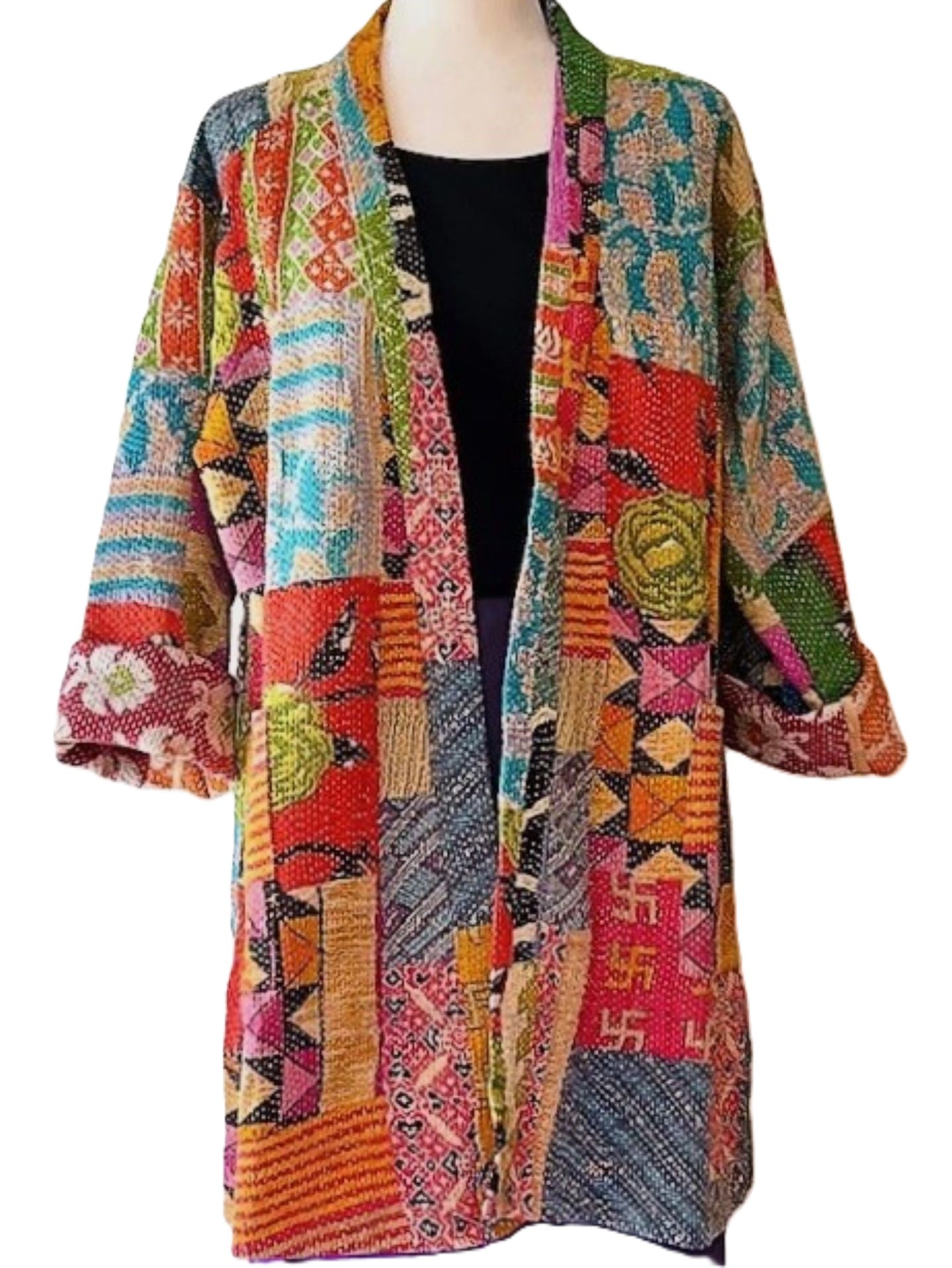 Specialty Collection: Refined, Patchwork Quilted Short Jacket. Fully Reversible (Multi)
