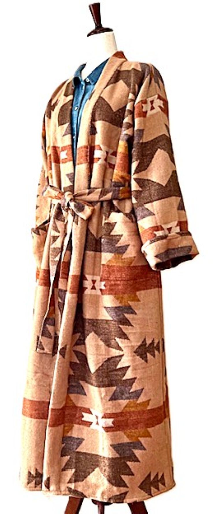 Specialty Collection: Unisex Yak Wool Blend Kimono Robe. Southwestern Ikat Print