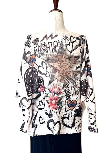 Italian Knit Beige Fashion Round Neck Knit Printed Sweater