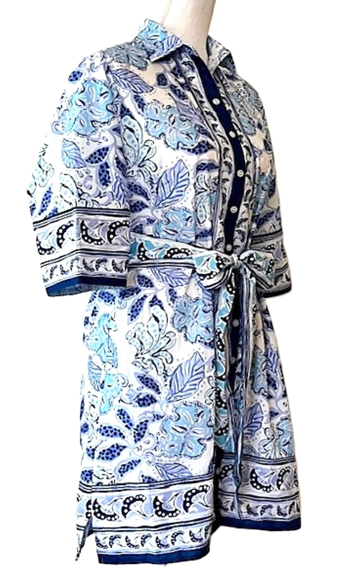 Classic Shirtdress Is Elegant With Lots Of Designer Details. (Blue and White)