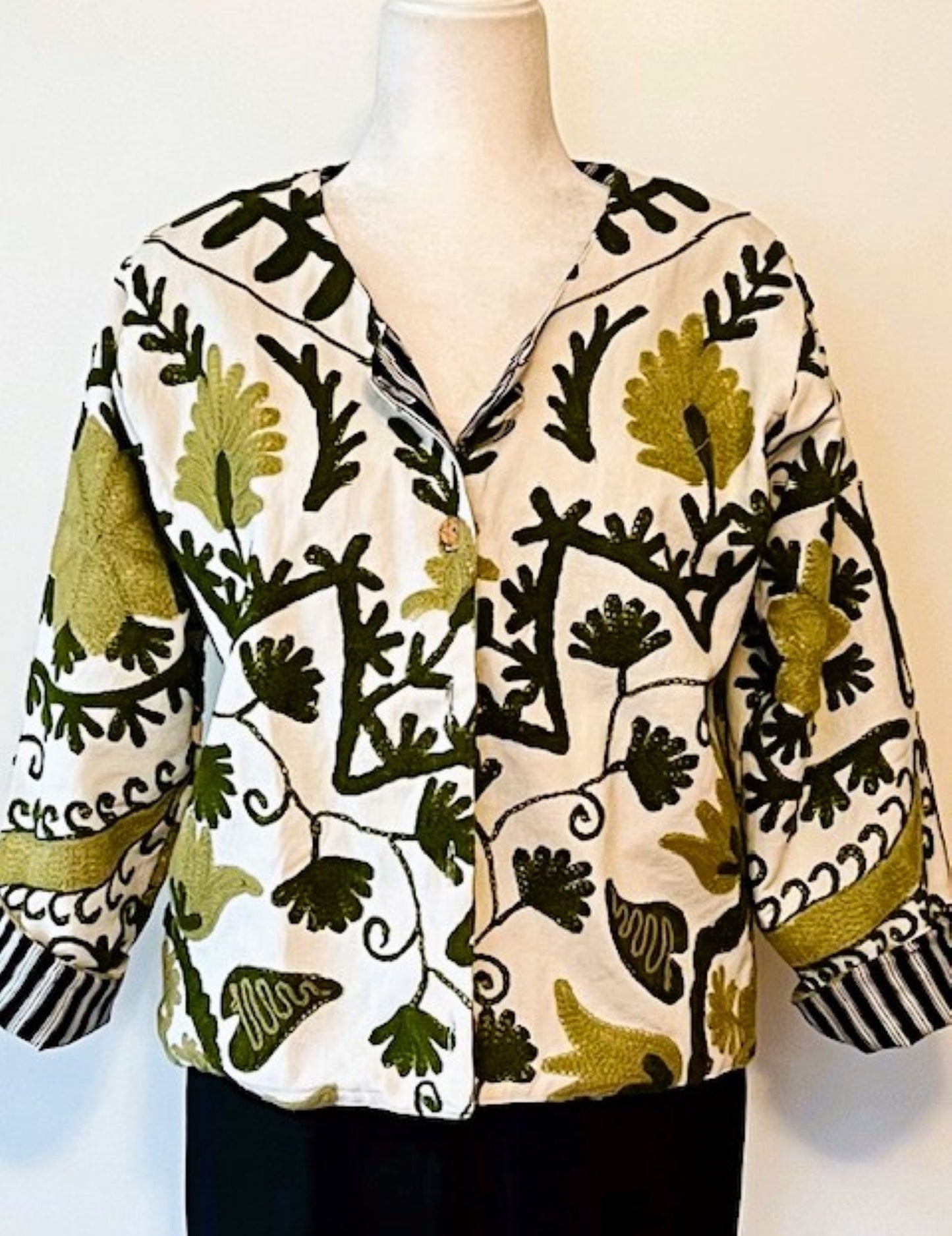Wearable Art In This Hand Embroidered Short Jacket. (Olive)