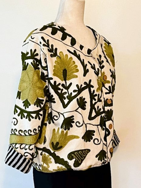Wearable Art In This Hand Embroidered Short Jacket. (Olive)