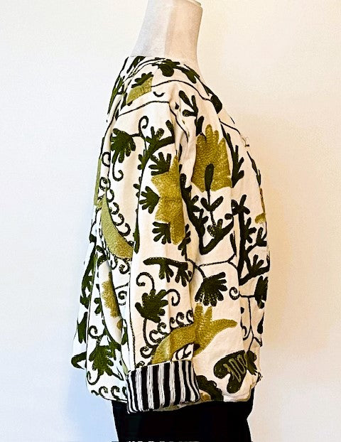 Wearable Art In This Hand Embroidered Short Jacket. (Olive)
