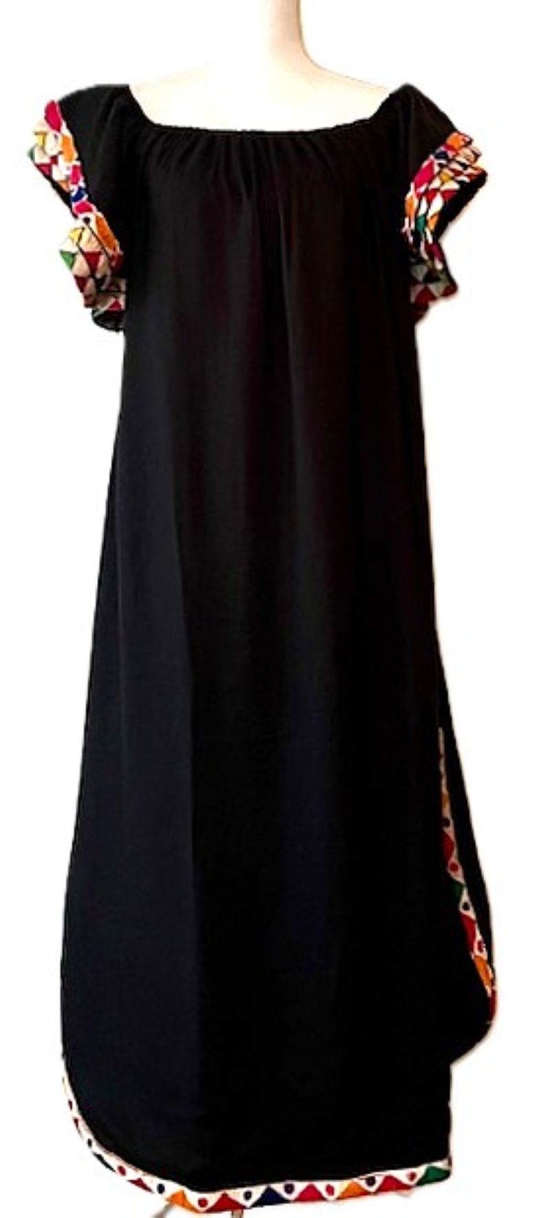 Long Cotton Dress With Novelty Trim And Flutter Sleeves. (Black)