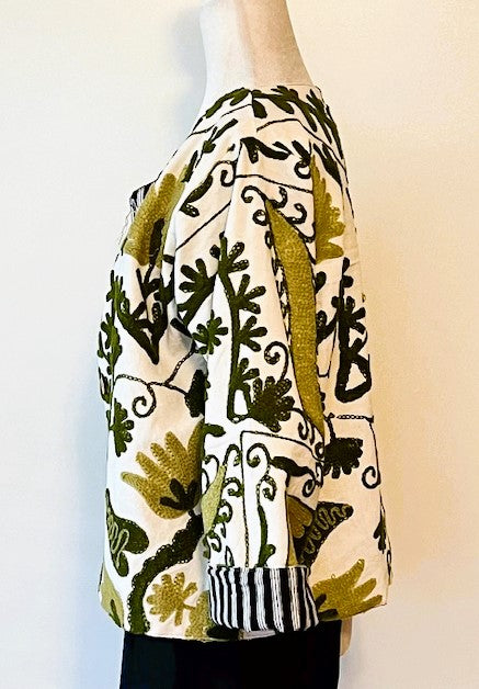 Wearable Art In This Hand Embroidered Short Jacket. (Olive)