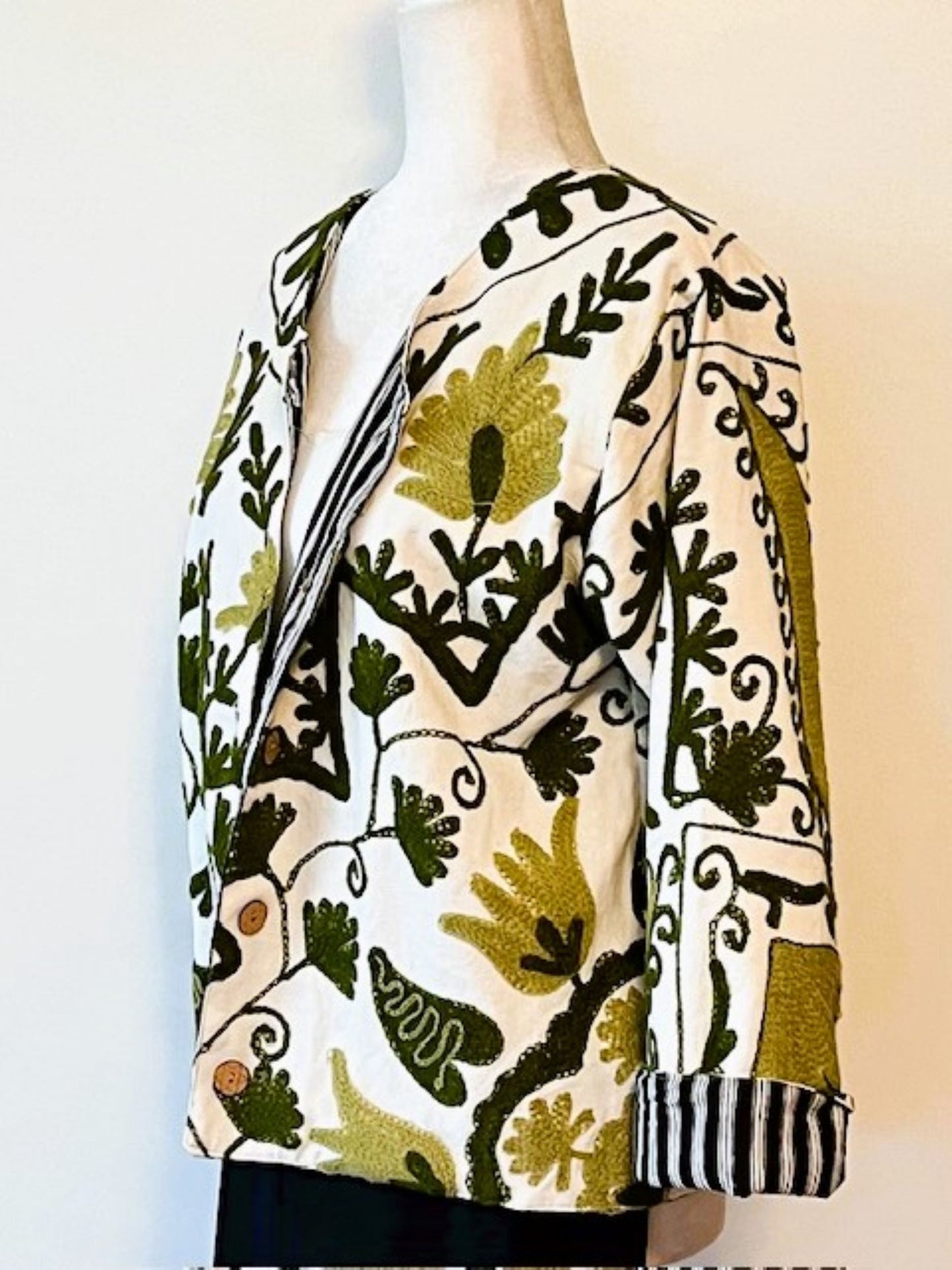 Wearable Art In This Hand Embroidered Short Jacket. (Olive)