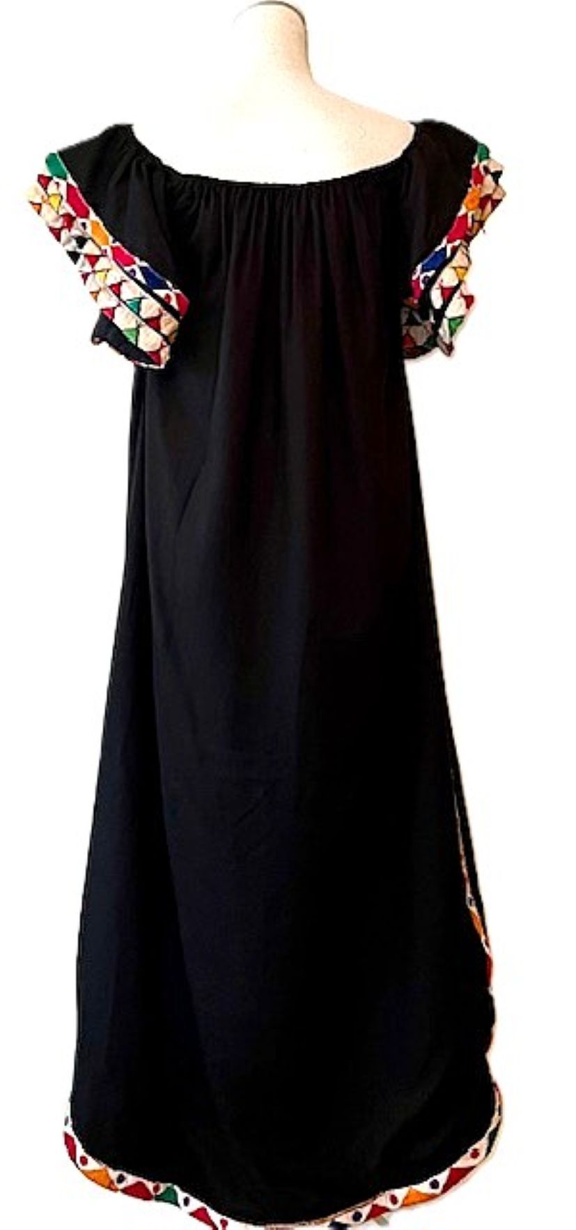 Long Cotton Dress With Novelty Trim And Flutter Sleeves. (Black)