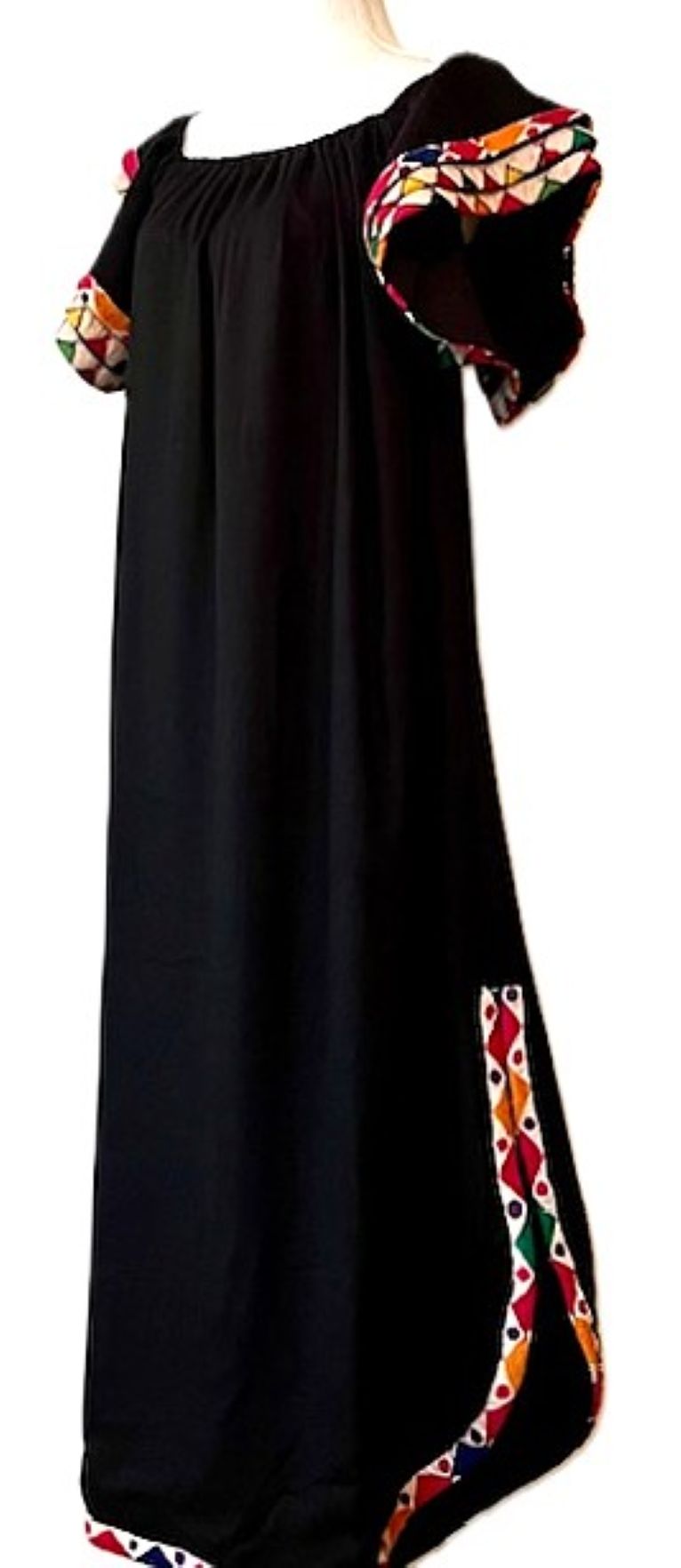 Long Cotton Dress With Novelty Trim And Flutter Sleeves. (Black)