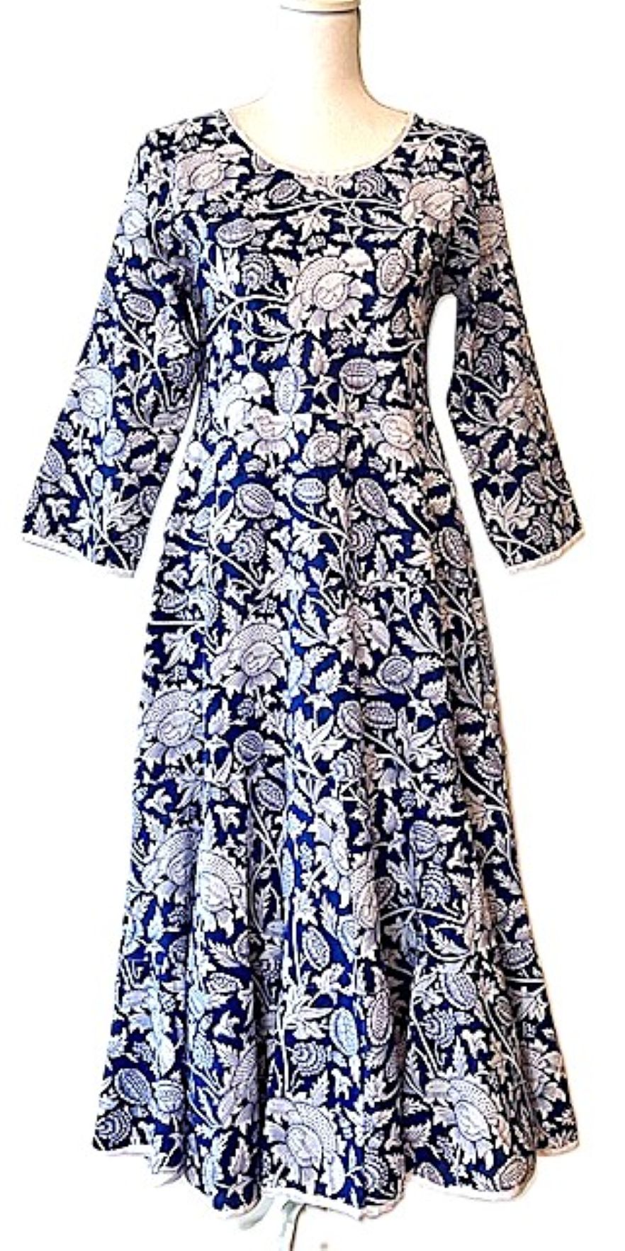 Midi Block Print Floral Cotton Dress Is Smart and Tailored (Navy and White)