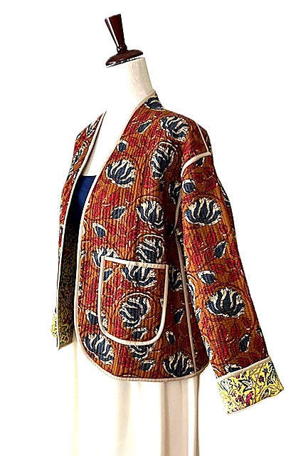 Jackets, Fully Reversible Short Quilted Jacket With Kantha Stitching. (Bronze Yellow)