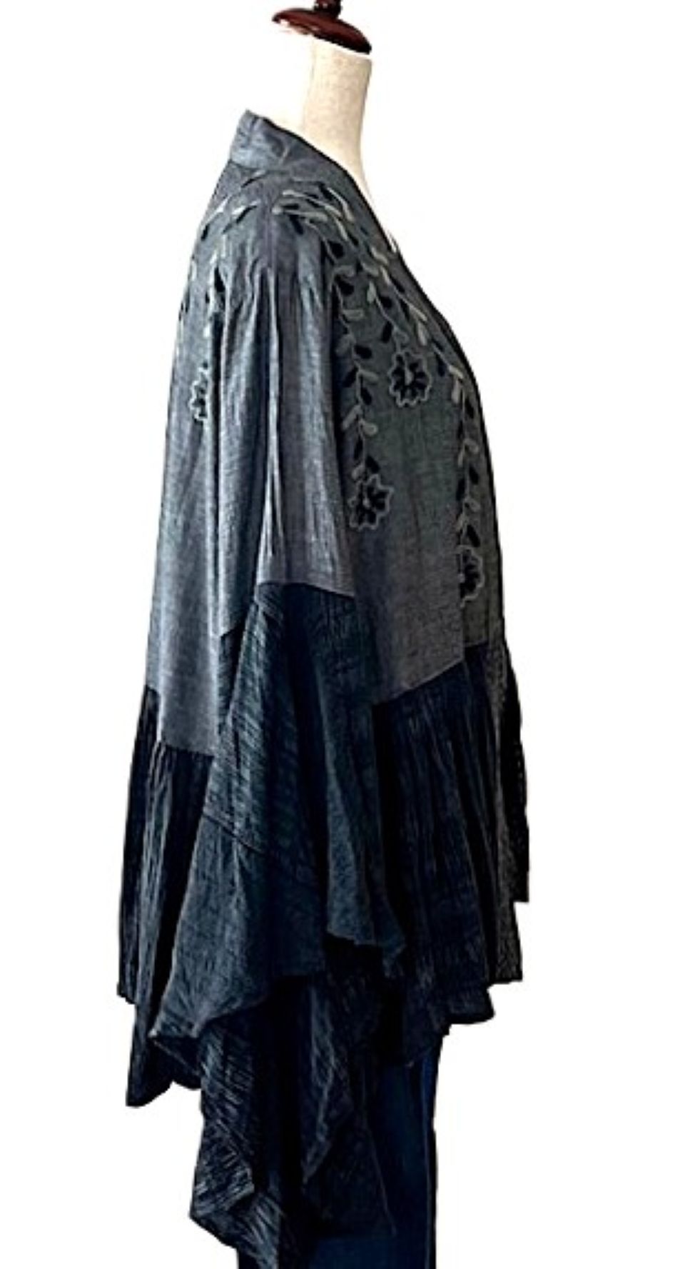 Jacket, Embroidered Kimono Shrug With Boho Bell Sleeve (Black Denim)