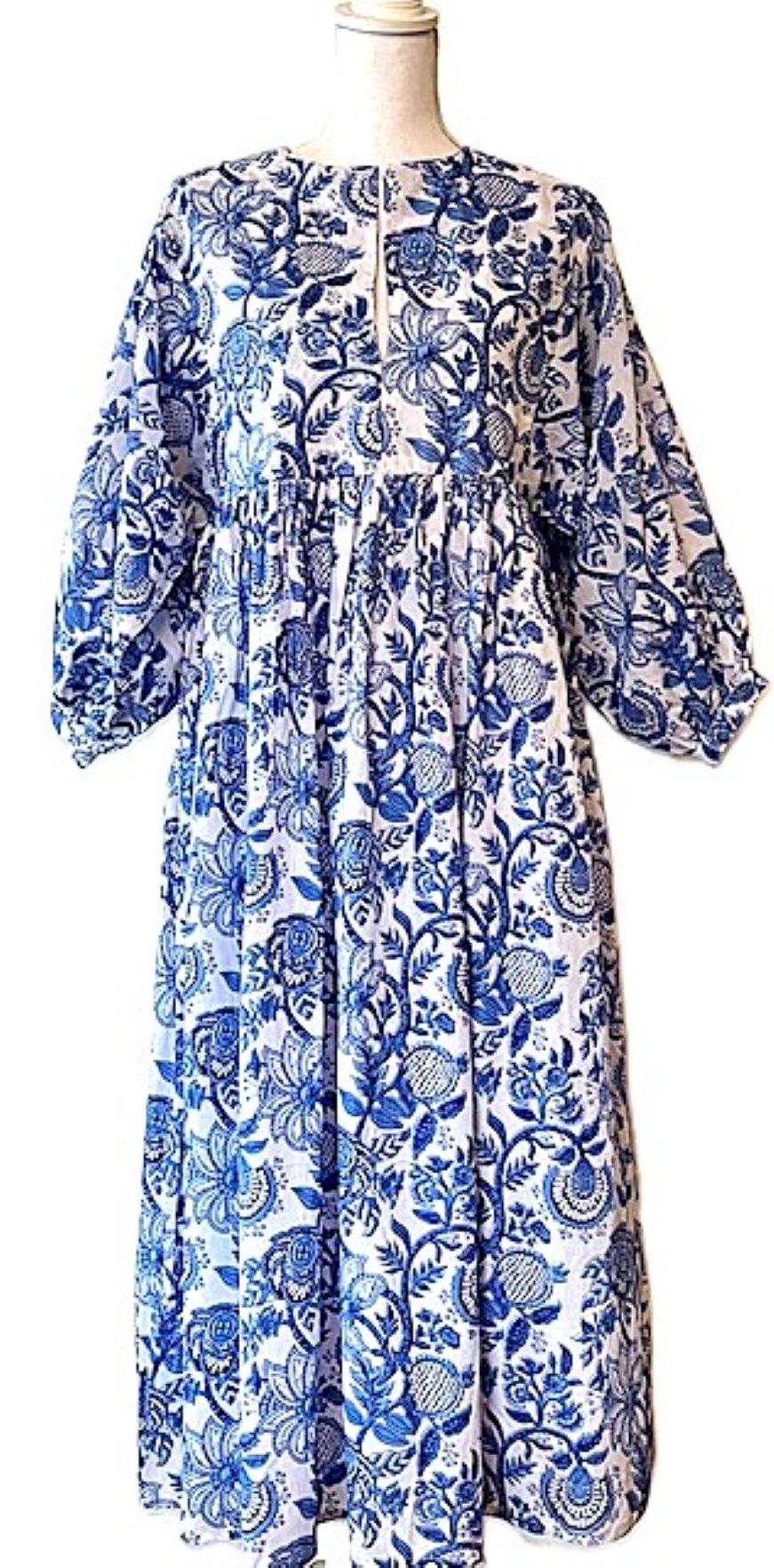 Long Cotton Block Print Dress Is A Tailored Classic - Navy Floral