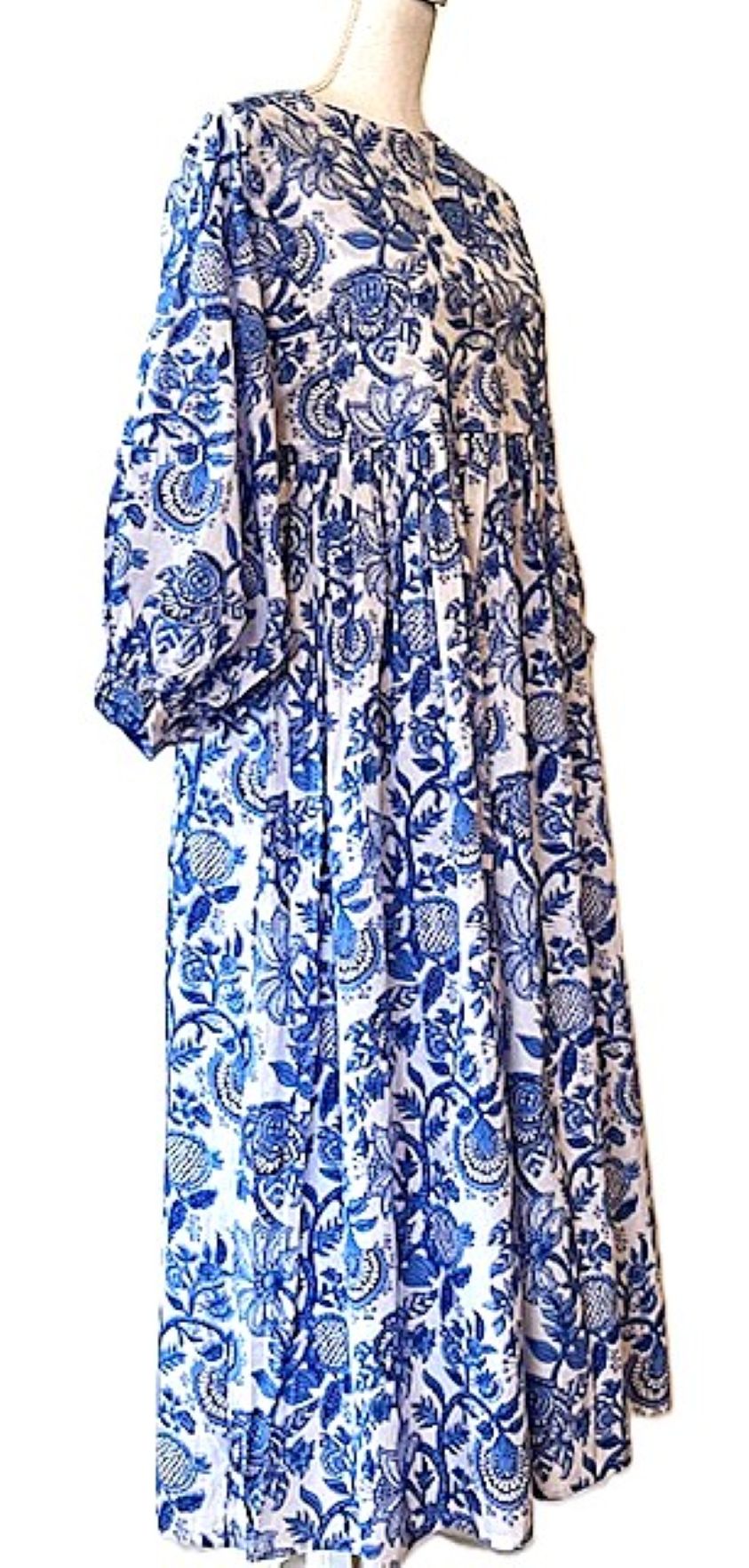 Long Cotton Block Print Dress Is A Tailored Classic - Navy Floral