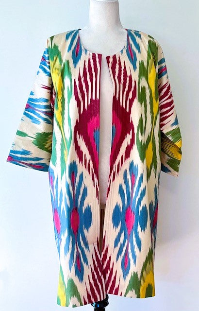 Handwoven, Loomed and Dyed Uzbek Ikat Chapan Stroller Coat (Multi)