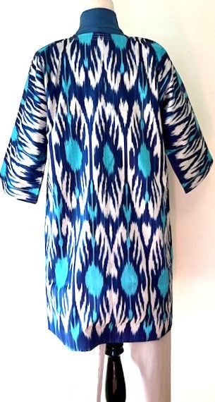 Handwoven, Loomed and Dyed Uzbek Ikat Chapan Stroller Coat (Blue)