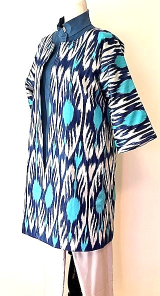 Handwoven, Loomed and Dyed Uzbek Ikat Chapan Stroller Coat (Blue)