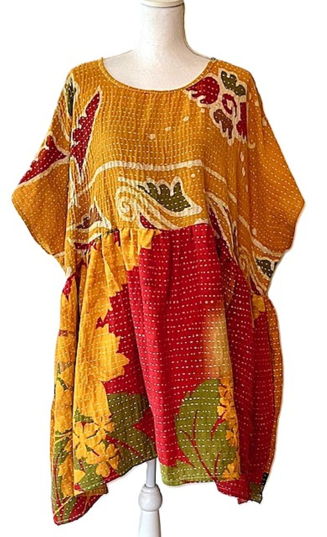 Artisan Quilt Mini Dress. Comfortable, Soft, and Very Chic (Gold Red)