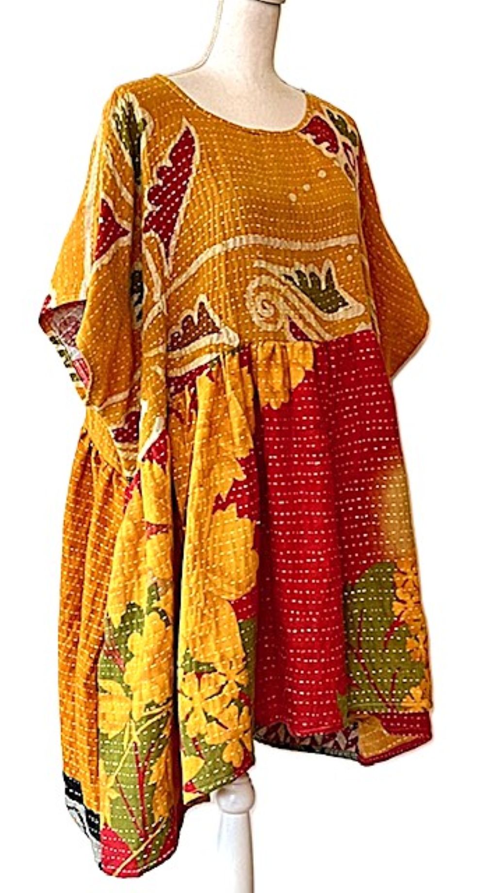Artisan Quilt Mini Dress. Comfortable, Soft, and Very Chic (Gold Red)
