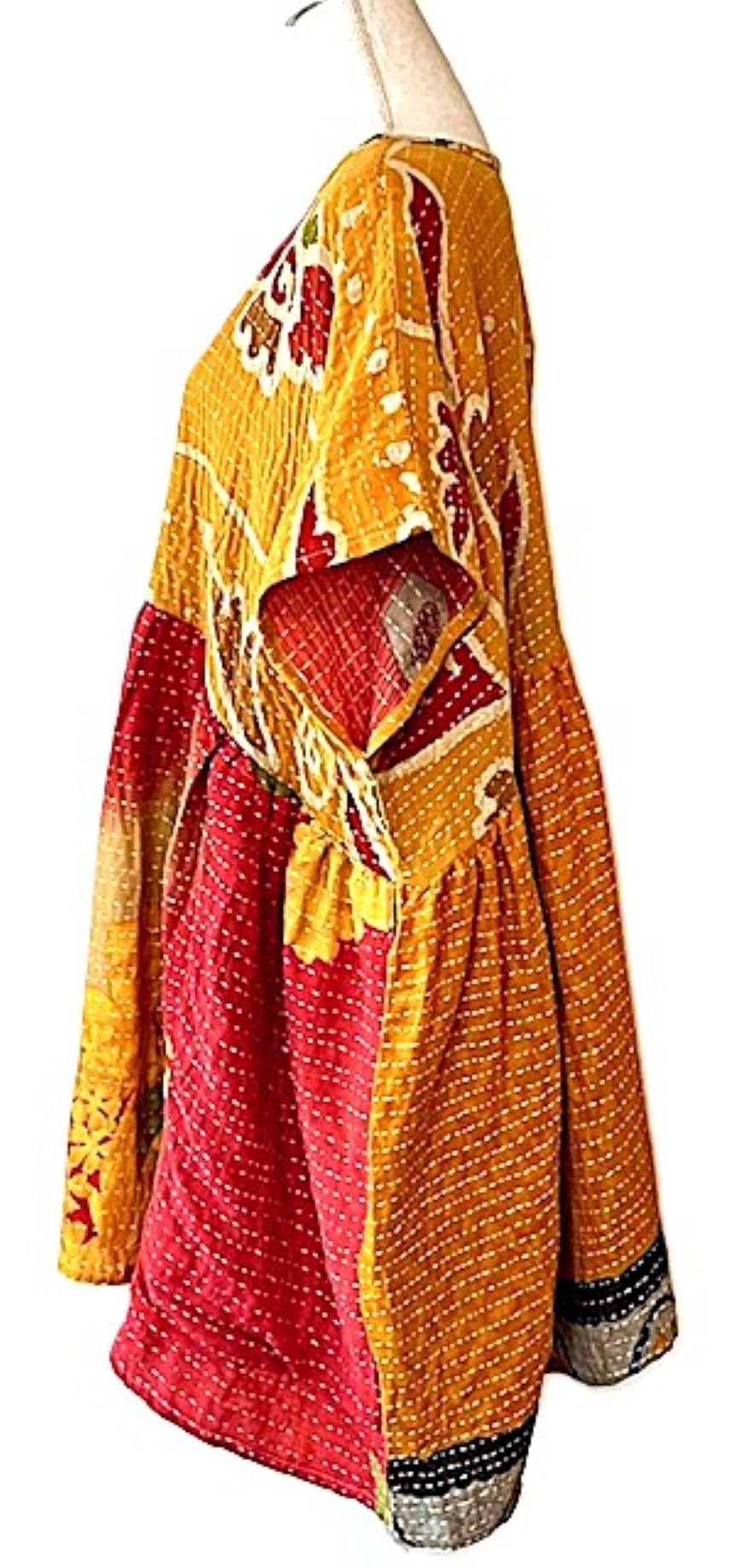 Artisan Quilt Mini Dress. Comfortable, Soft, and Very Chic (Gold Red)