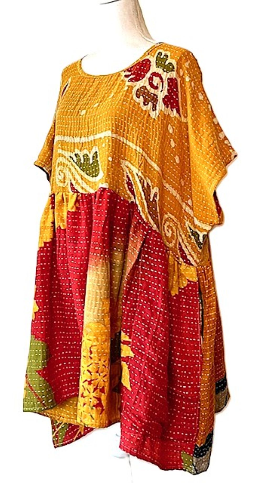 Artisan Quilt Mini Dress. Comfortable, Soft, and Very Chic (Gold Red)