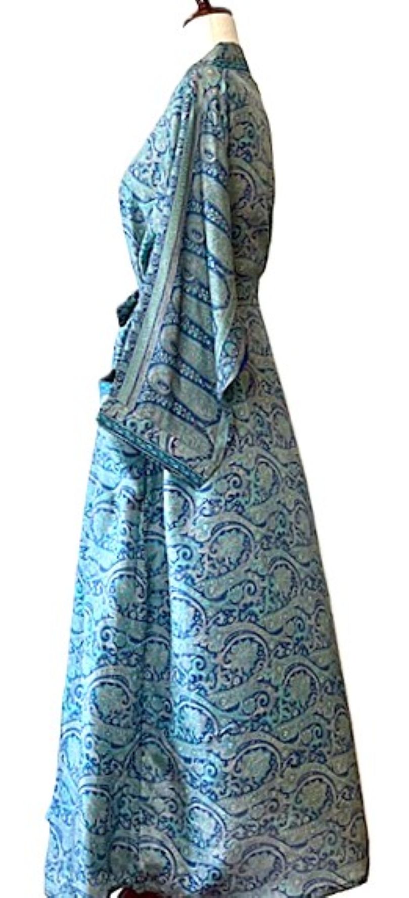 Full Sleeve Silk Kimono Duster Dress: Subtle Geometric Print (Aqua)