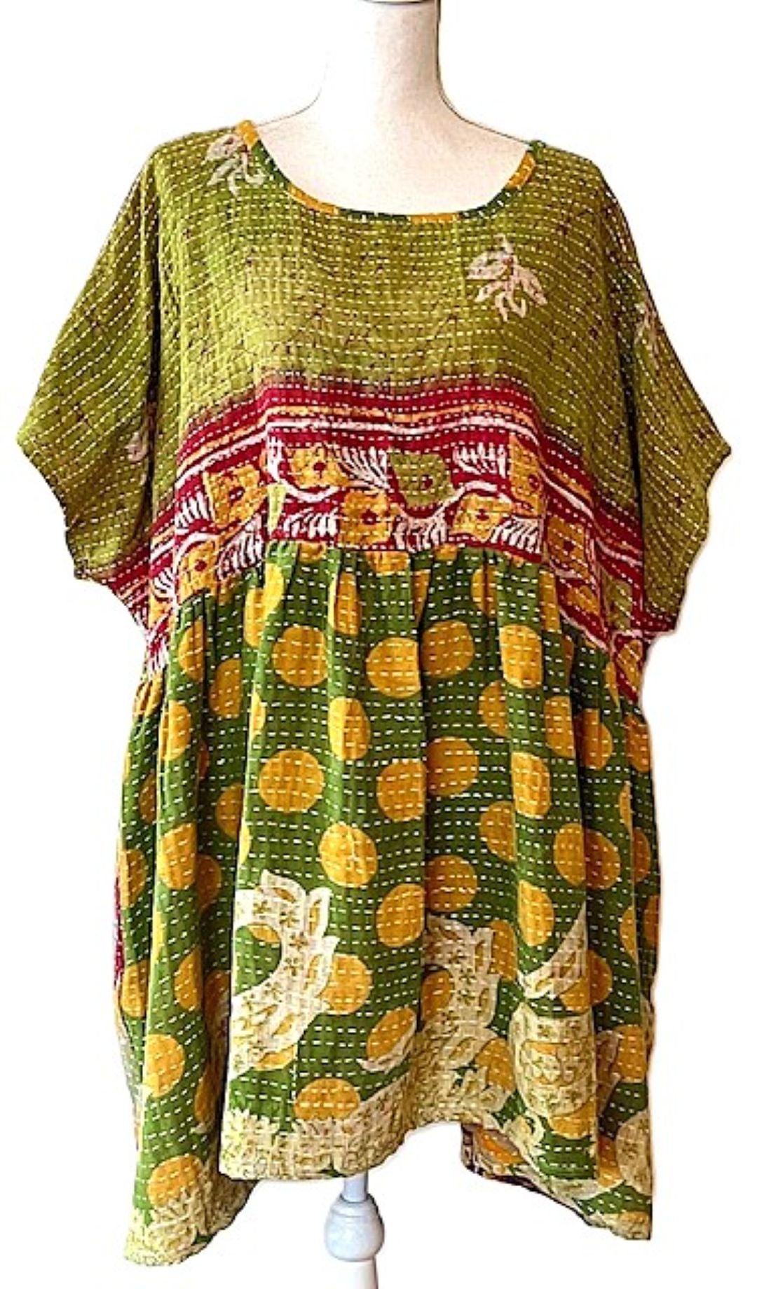 Artisan Quilt Mini Dress. Comfortable, Soft, and Very Chic (Green Pink)