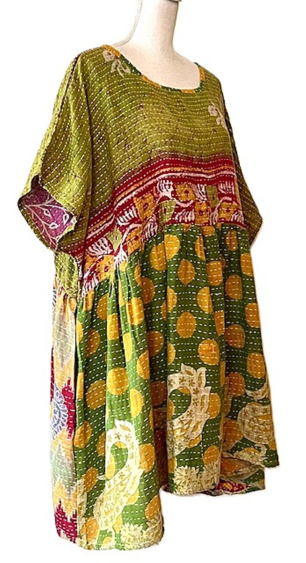 Artisan Quilt Mini Dress. Comfortable, Soft, and Very Chic (Green Pink)