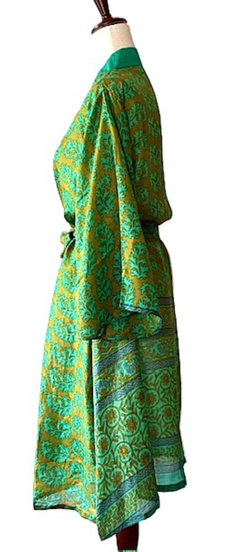Classic Short Silk Kimono Duster. Deep Rich Emerald Color.