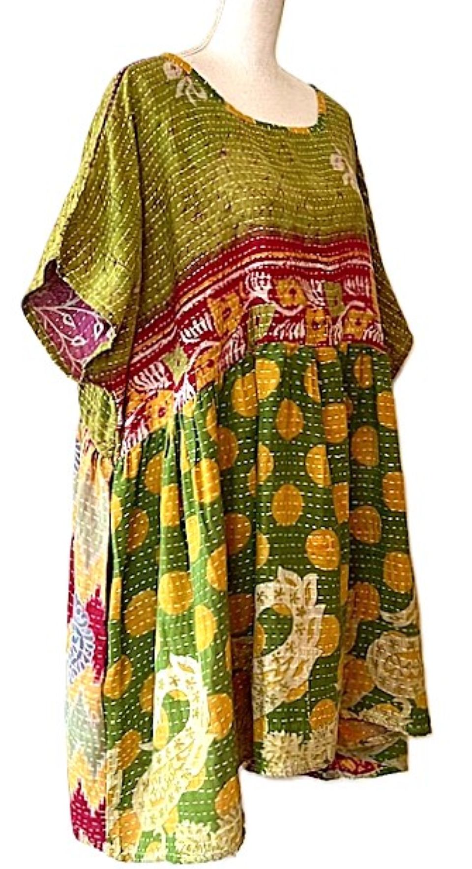 Kantha Bae Quilt Mini Dress. Comfortable, Soft, and Very Chic (Olive)